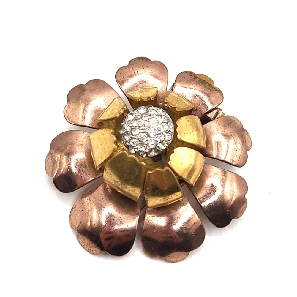 Vintage Flower Rhinestone Fur Clip Two Toned Gold 1.6" 1940s Brooch